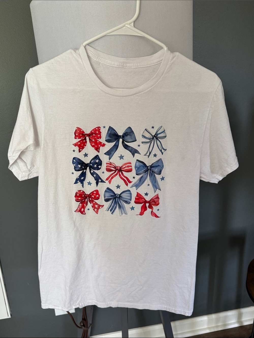 Women's White Tee with Red & Blue Bow Print